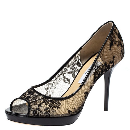 Jimmy Choo Women's Luna Black Lace Peep Toe Pumps Size 39 Italy