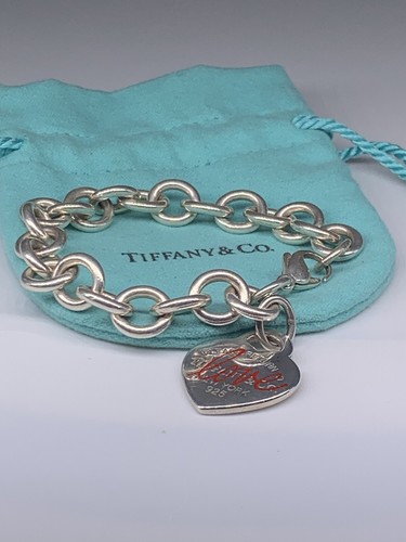 Retired Rare Please Return to Tiffany & Co Red Love Enamel Heart Bracelet Silver