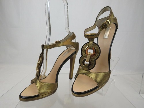 NIB ROBERTO CAVALLI METALLIC BRONZE LEATHER T STRAP SANDALS PUMPS 39 US 8.5
