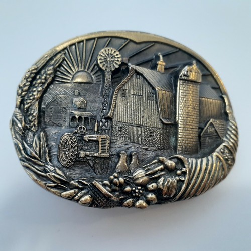 Vintage 1982 The Great American Buckle Co Brass Belt Buckle Farmer Tractor