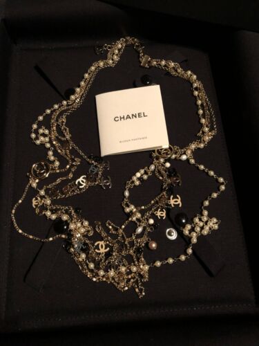 CHANEL Necklace Chain AUTH Coco Mark Logo Fake Pearl G Vintage Black F/S A93