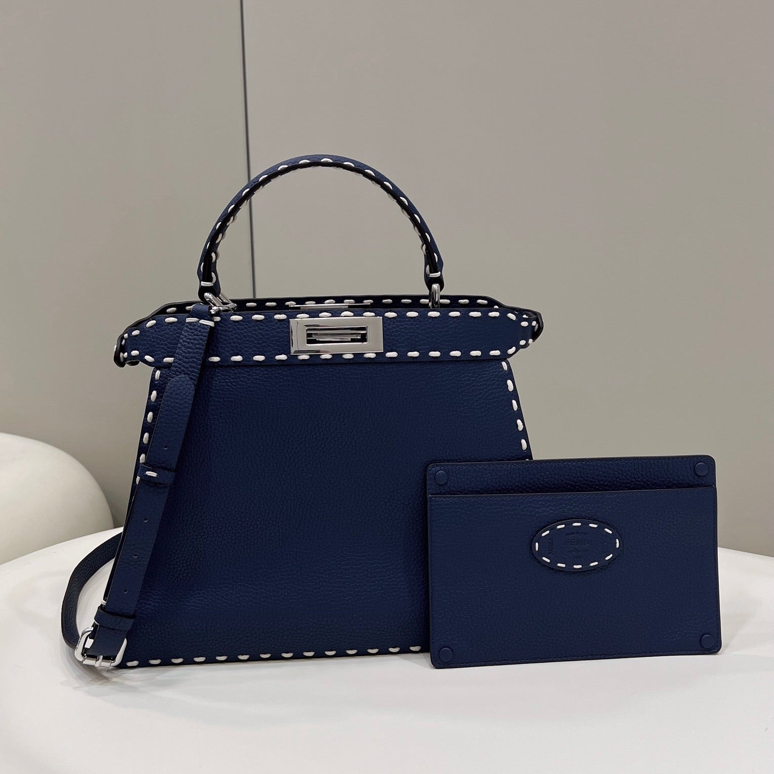 FENDI BAG PEEKABOO ISEEU 33 IN NAVY BLUE GRAINED CALFSKIN SILVER HARDWARE