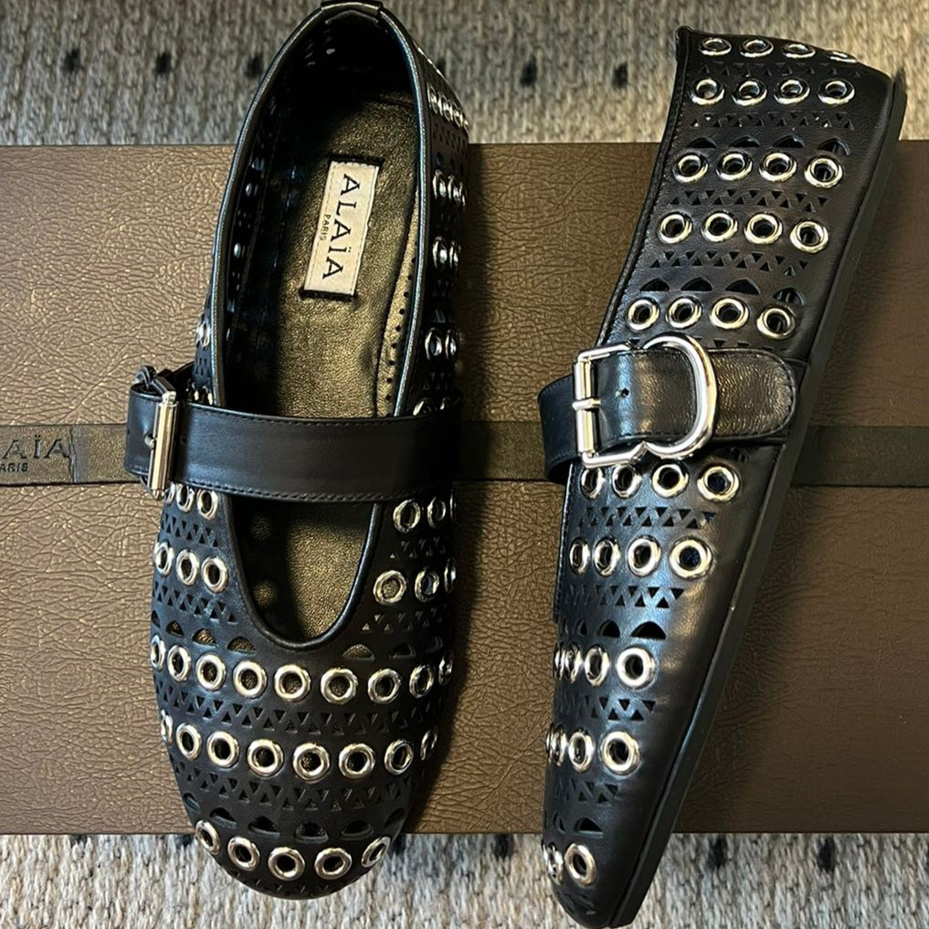 ALAIA SHOE Alaia 25 Vienne With Eyelets Ballet Flats Black Lambskin 303720