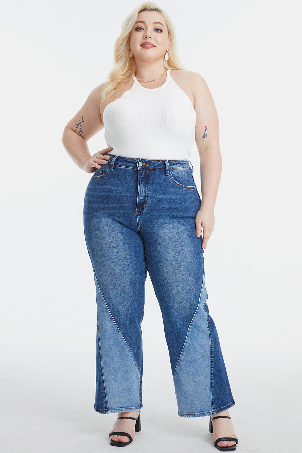 TRENDSI BAYEAS Full Size High Waist Two Tones Patched Wide Leg Jeans