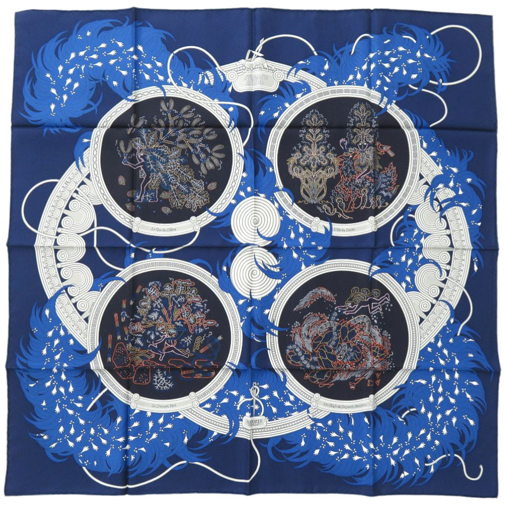 HERMES scarf silk blue Carre90 LEGENDE BRODEE A legend woven with embroidery Women Used Authentic