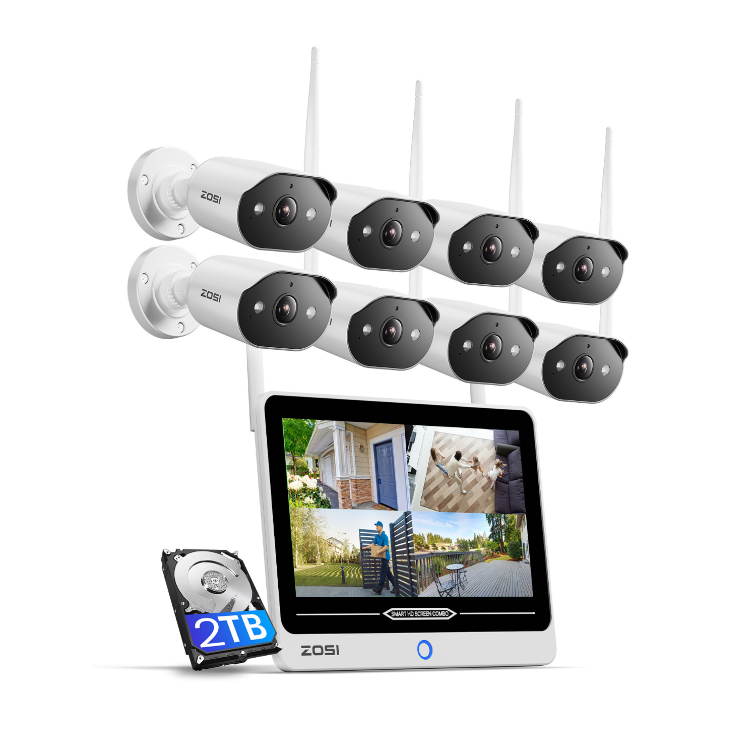 ZOSITECH C302 3MP WiFi 6 Security Camera System + 12 inch LCD Monitor + 2TB HDD
