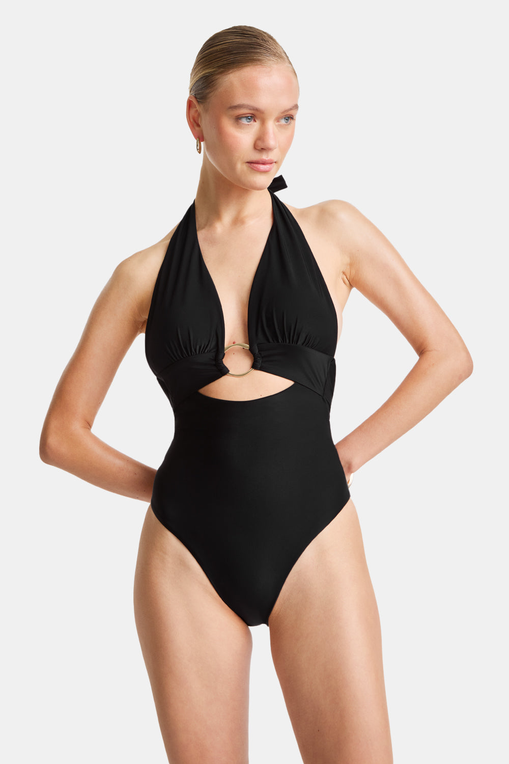 TALA Halter Plunge Gold Ring Bikini Swimsuit   Black Onyx