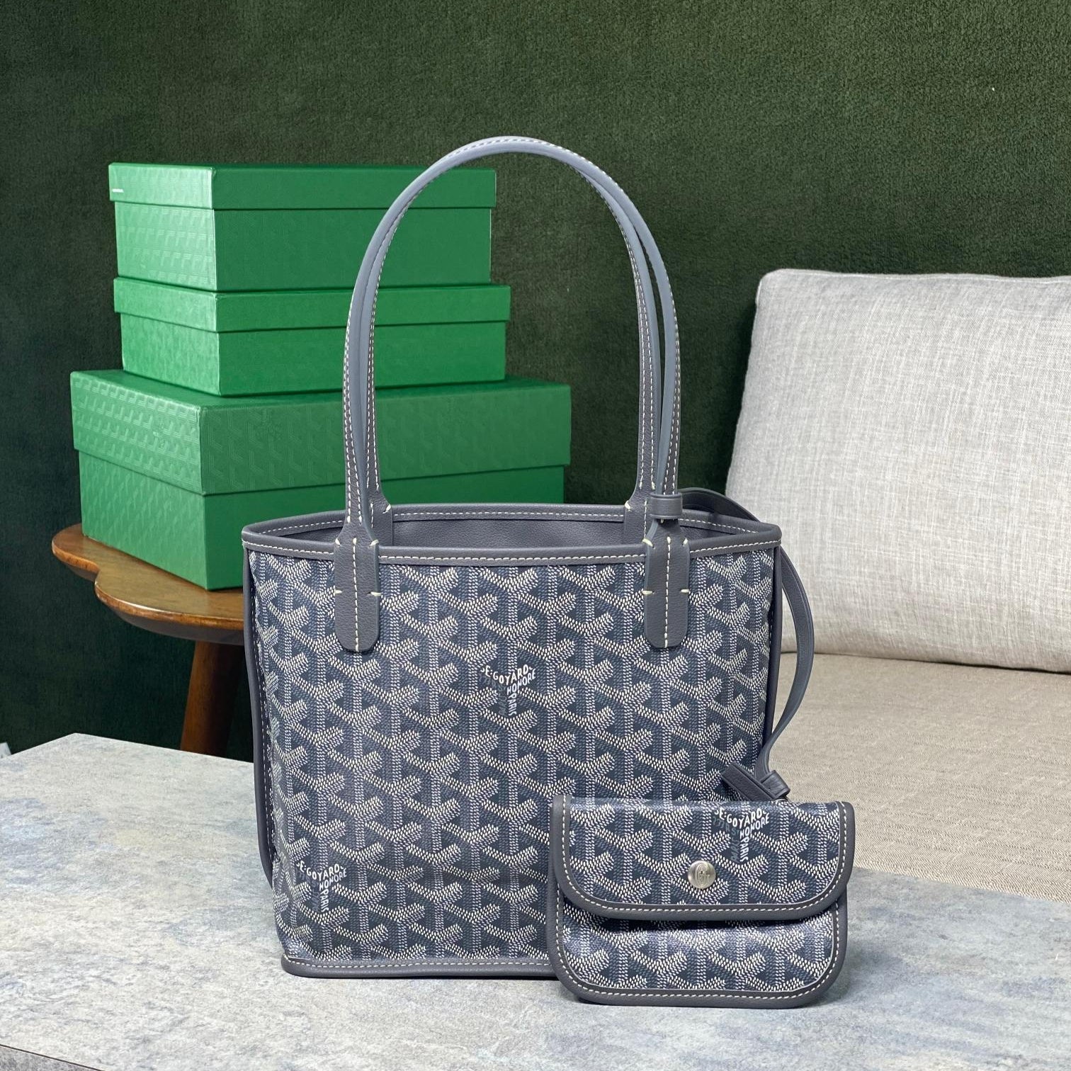 GOYA BAG ANJOU MINI BAG 20 IN GREY GOYARDINE CANVAS AND CALFSKIN