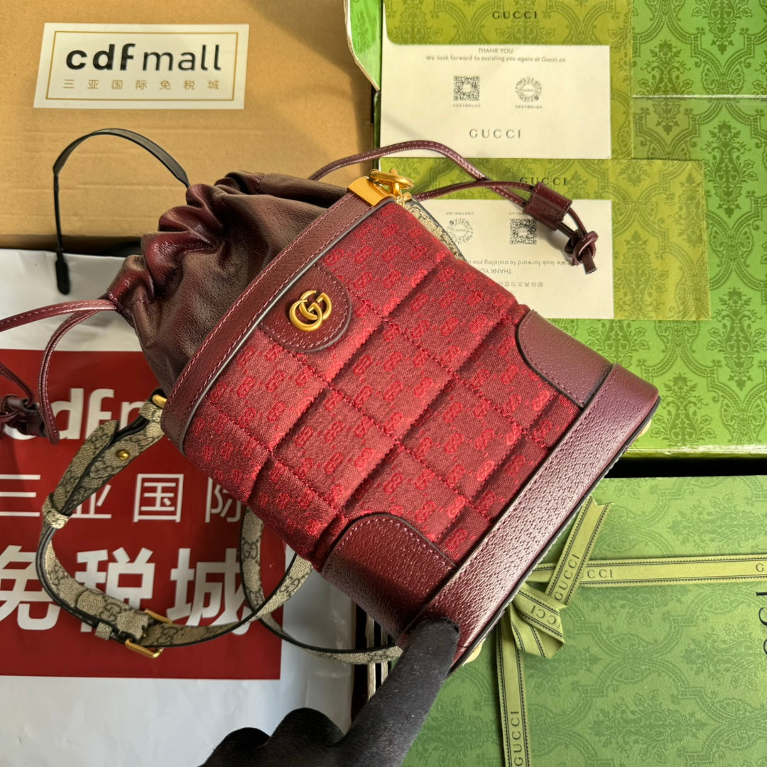 GUCCI BAG BUCKET BAG 18 IN BURGUNDY RED CANVAS AND CALFSKIN GOLD HARDWARE