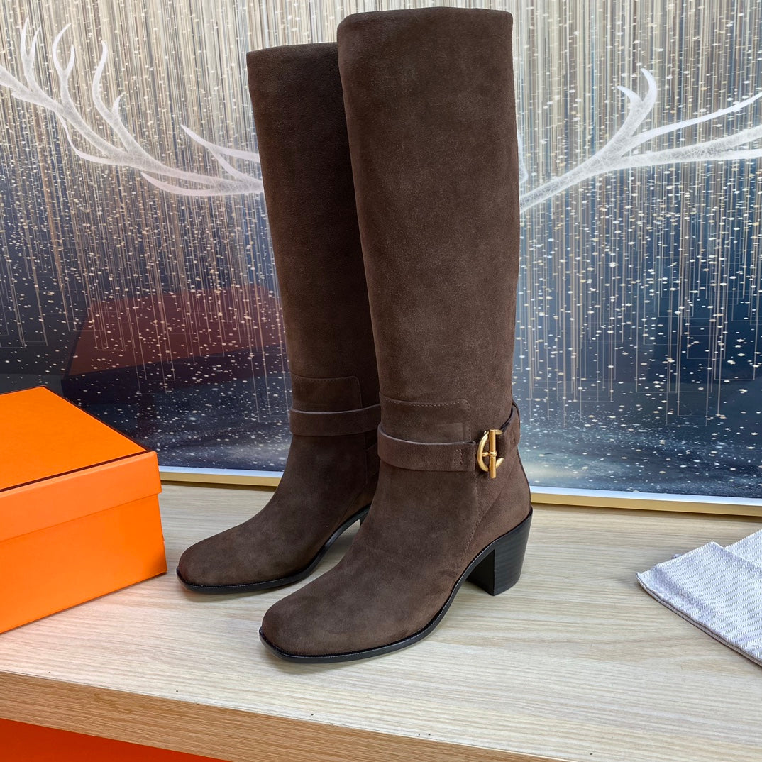 HERMES SHOE HM Justine Boot In Chocolate Suede  987480