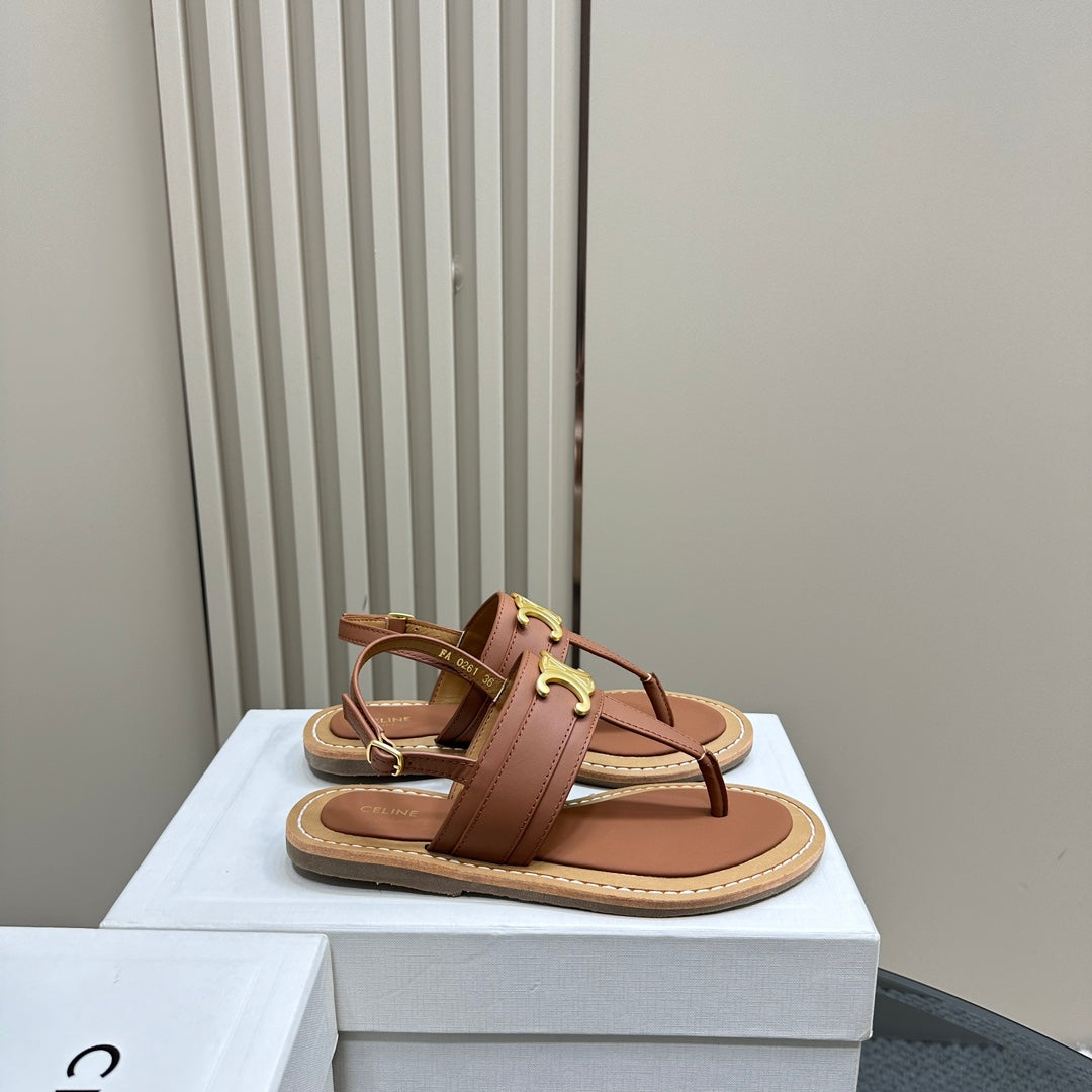 CELINE SHOES LYMPIA TRIOMPHE THONG IN CALFSKIN TAN