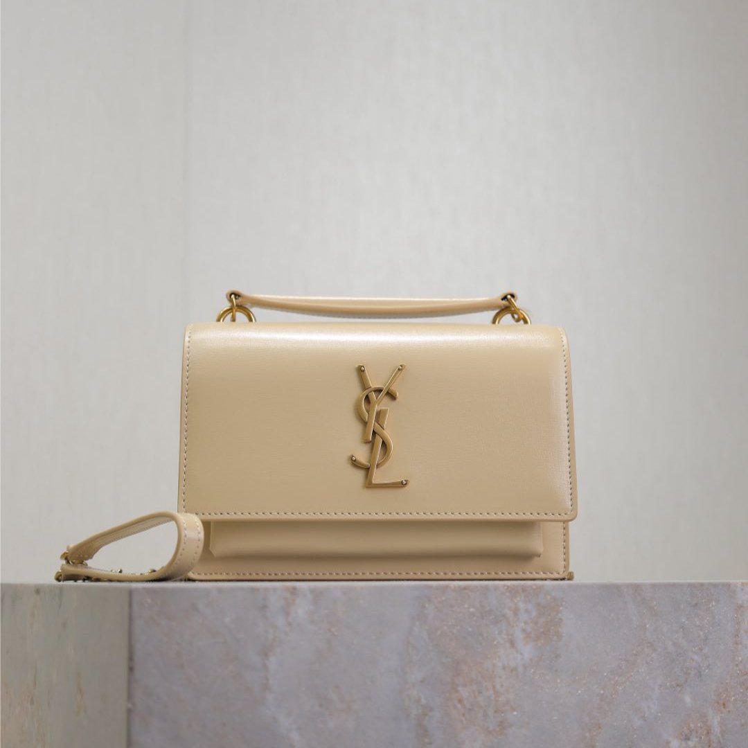YSL BAG SUNSET SMALL BAG 19 IN BEIGE CALFSKIN GOLD HARDWARE