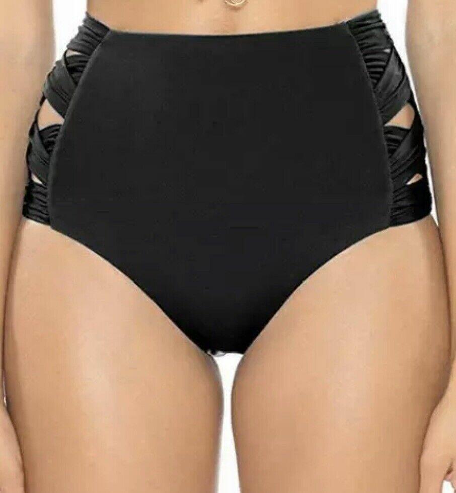 NWT Soluna Under The Sun Black High Waisted Eclipse Bikini Bottoms Womens Size L