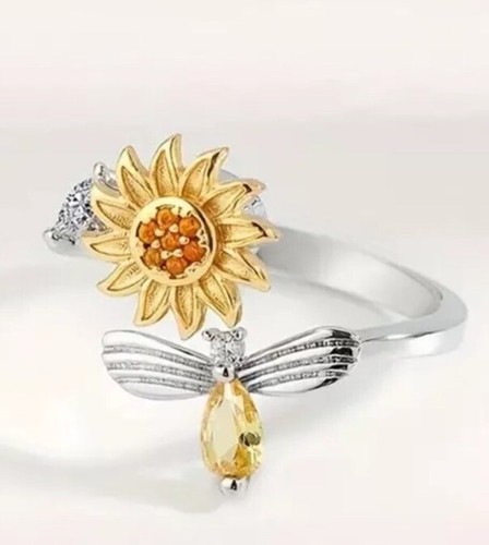 925 Sterling Silver Adjustable Anxiety Spinning Fidget Sunflower And Bee Ring