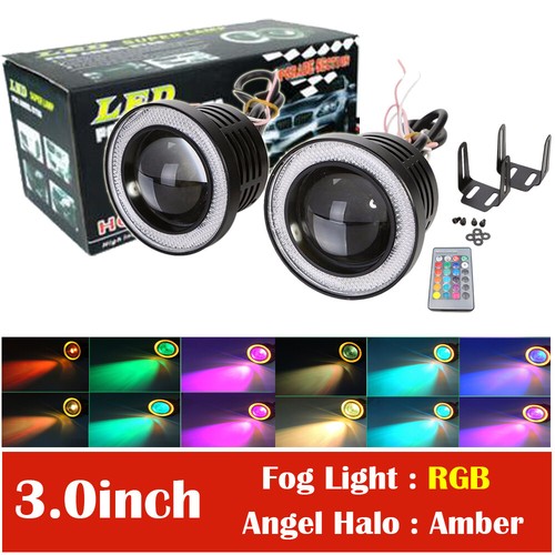2x 3 inch RGB LED Projector Fog Lights Lamp with Amber COB Angel Eyes Halo Rings