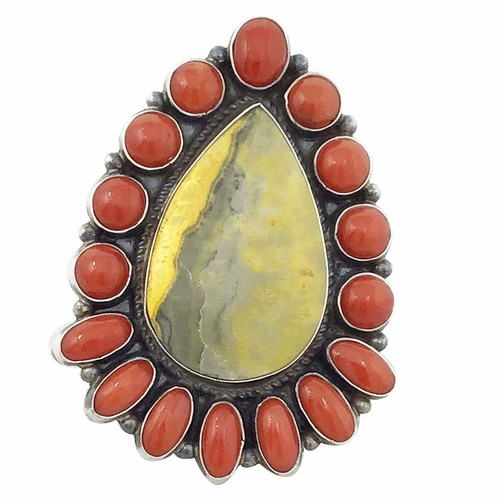 Anthony Skeets  Cluster Ring  Bumble Bee Jasper  Coral  Navajo Handmade  8