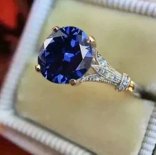 3.1Ct Round Cut Lab Created Blue Sapphire Engagement Ring 14K White Gold Plated