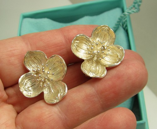 Tiffany & Co Vintage Large Sterling Silver Dogwood Flower Pierced Earrings