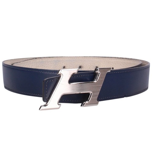 Hermes Leather Belt 85cm Silver White Navy Engraved Buckle U