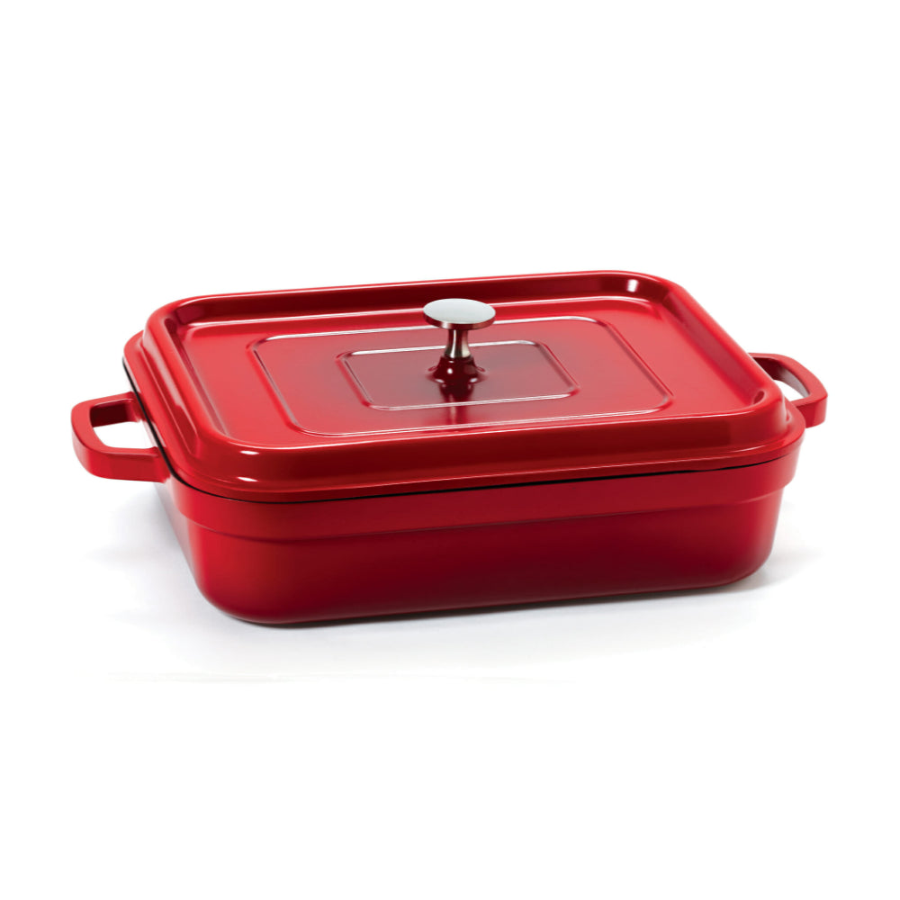 GET Heiss 5 Qt. Red Induction Ready Rectangular Roaster with Lid   CA 010 R/BK/CC