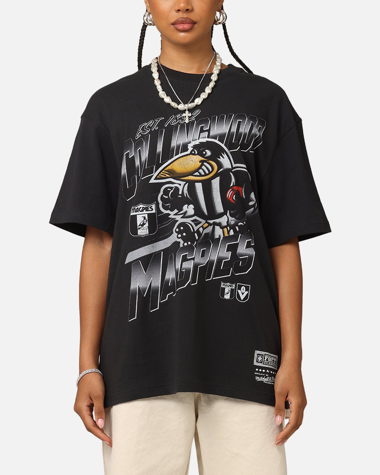 Mitchell & Ness Collingwood Magpies Mascot Character T Shirt Faded Black