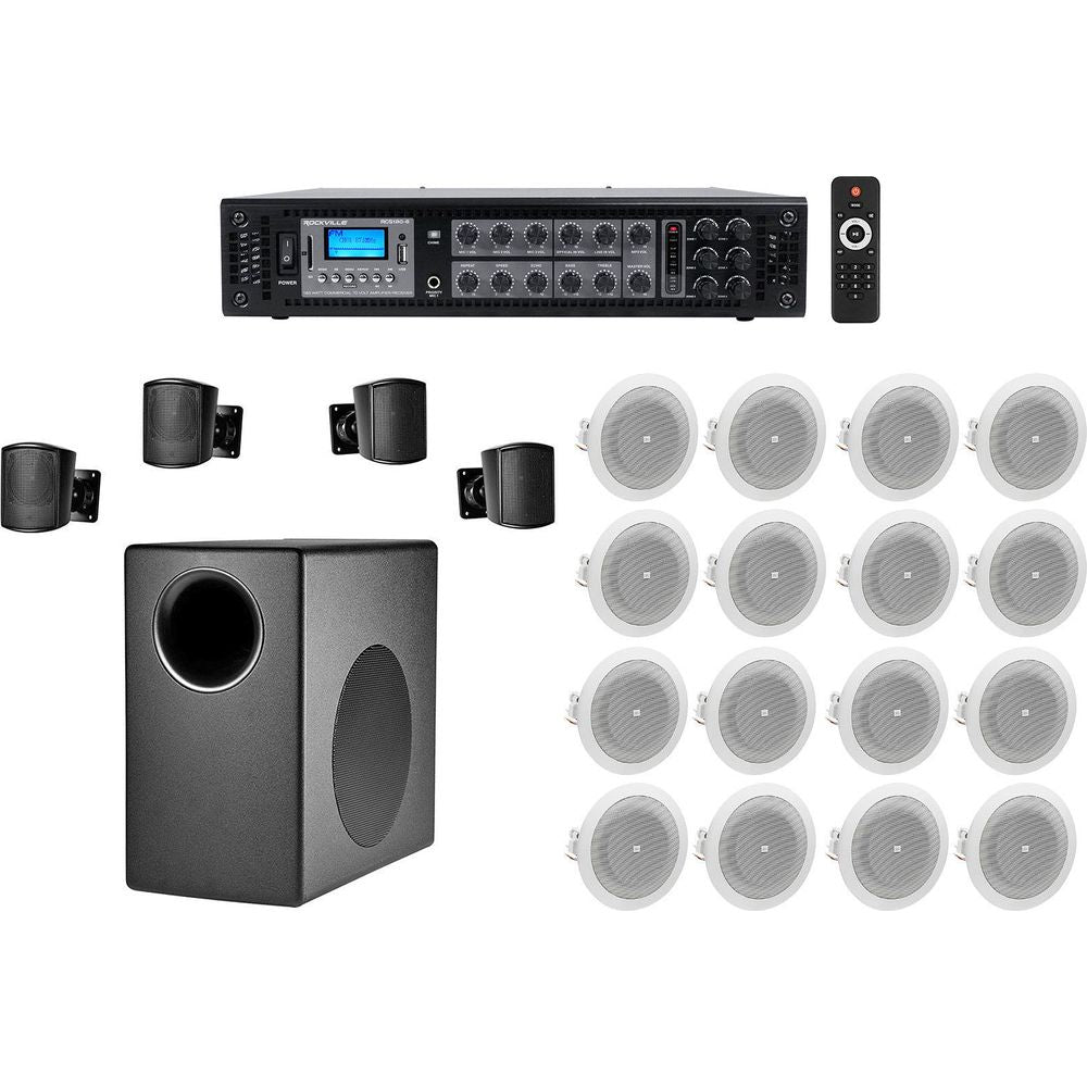 ROCKVILLE JBL Subwoofer+4) Satellite+16) 4" Ceiling Speakers+Amp For Restaurant/Bar/Cafe