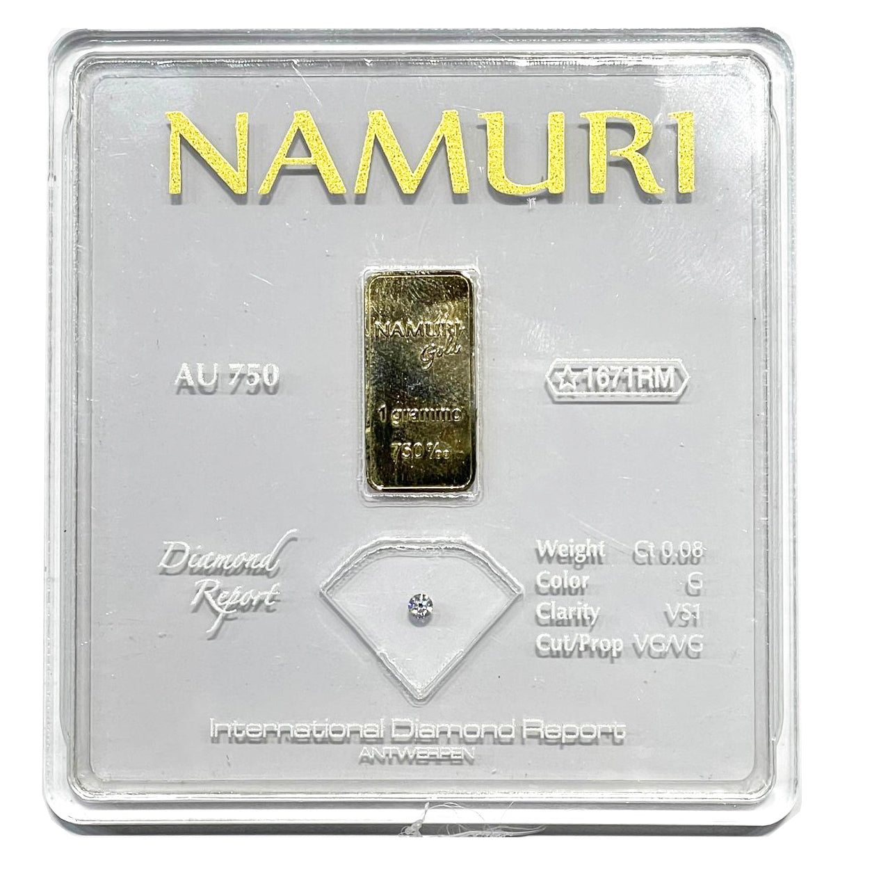 0_08gvs11grammo Namuri lingotto 1 grammo oro 18kt diamante 0 08ct G VS1 NDJ G08GVS
