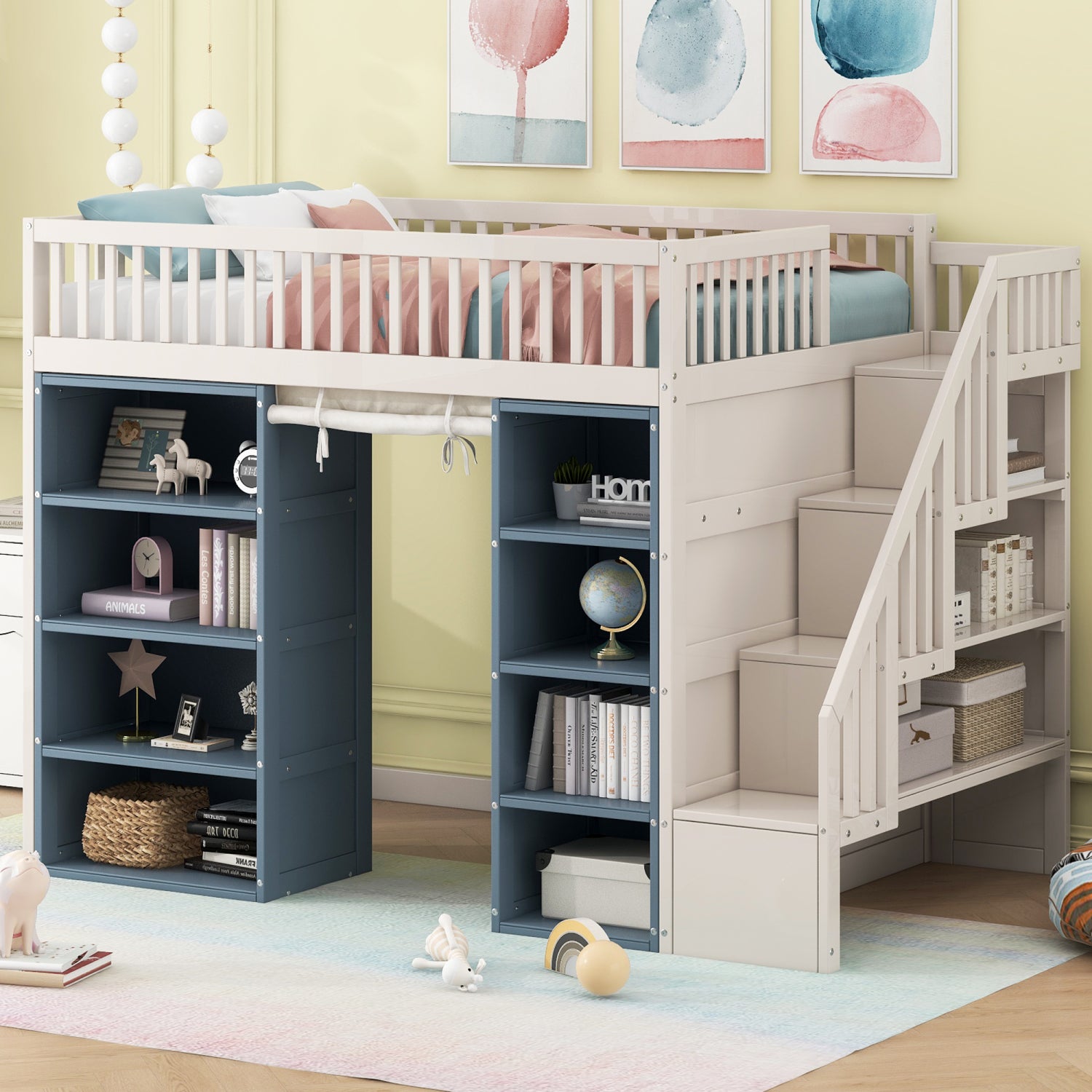 2594 Streamdale Full Size Loft Bed with 2 Four layer Storage Cabinets and Curtain