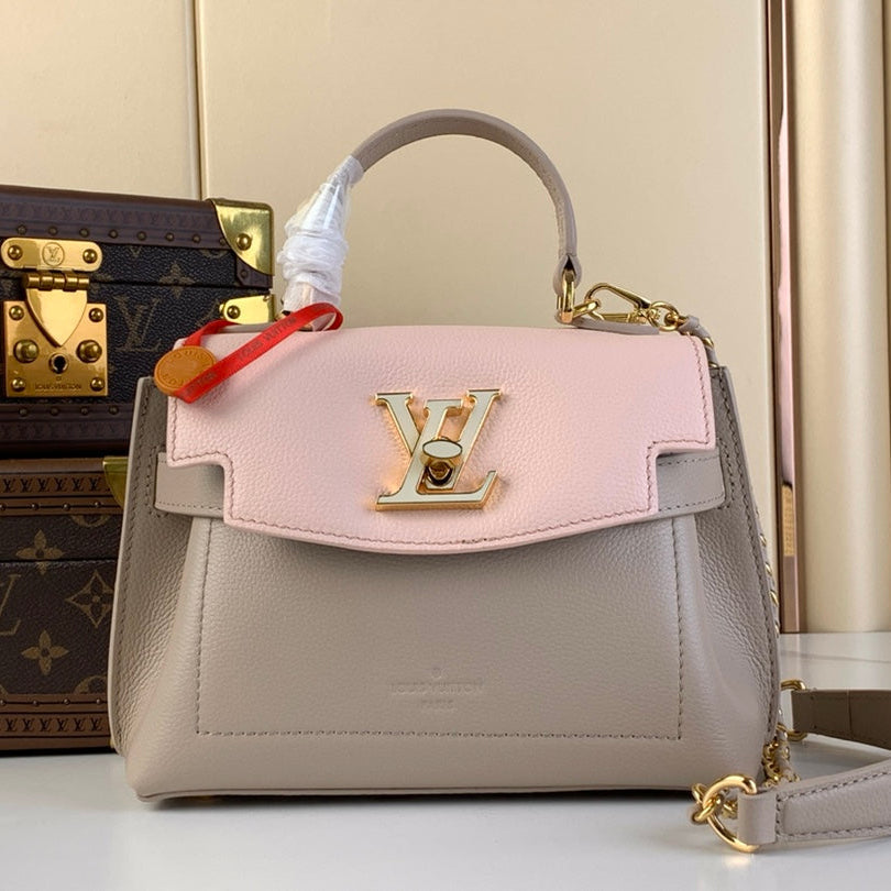 LV BAG LOCKME EVER MINI 23 IN KHAKI BROWN MIX LIGHT PINK CALFSKIN GOLD HARDWARE