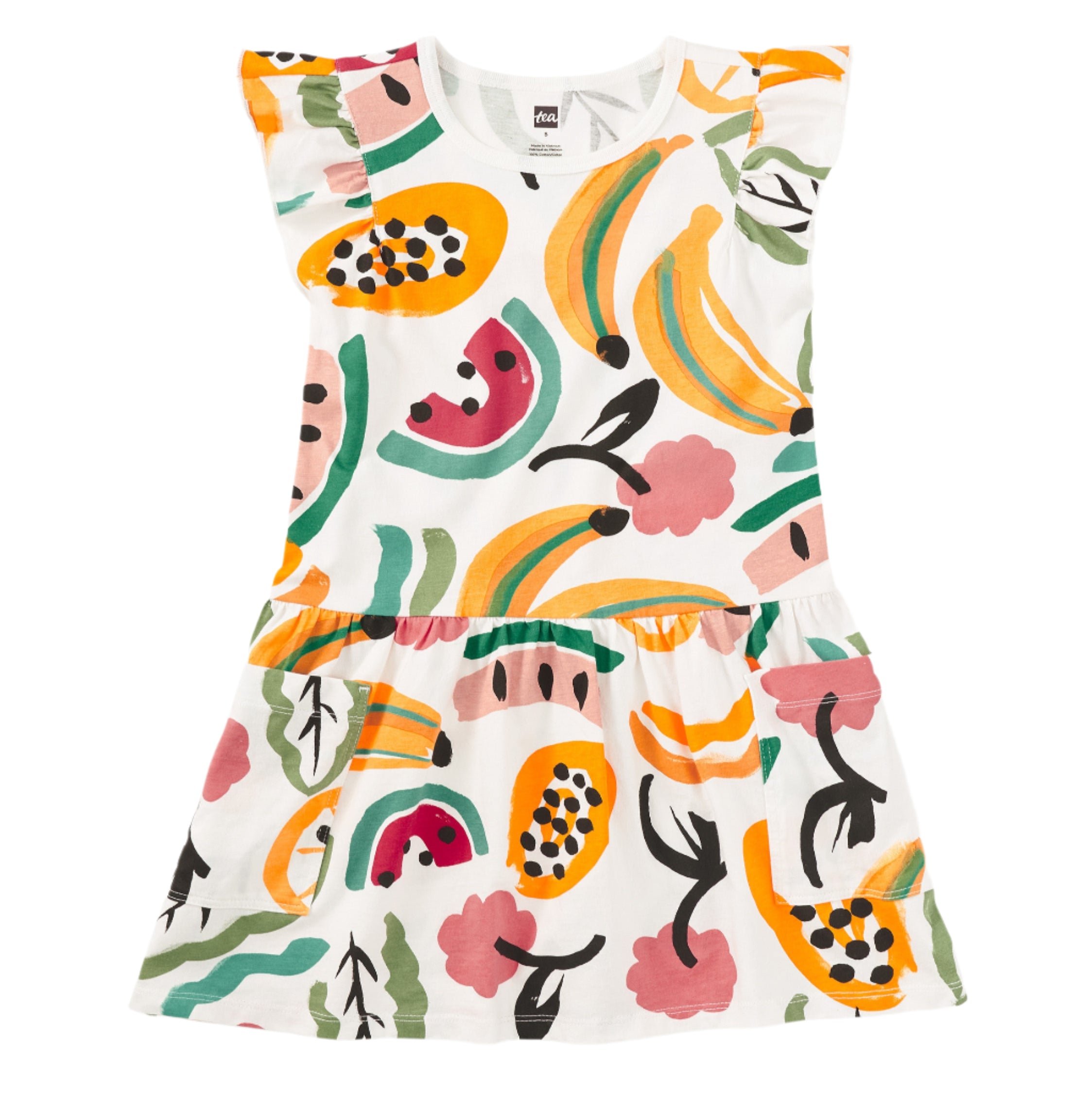 Flutter Sleeve Pocket Dress   Painted Tropical Fruit by Tea Collection