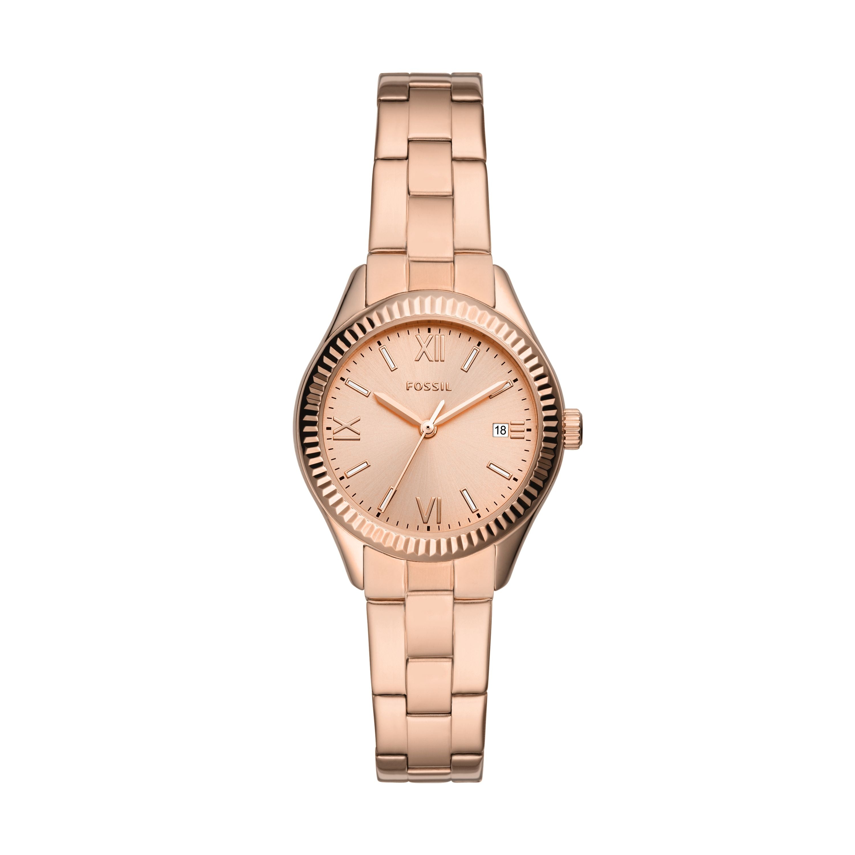 2147 Fossil Women's Rye Three Hand Date  Rose Gold Tone Stainless Steel Watch