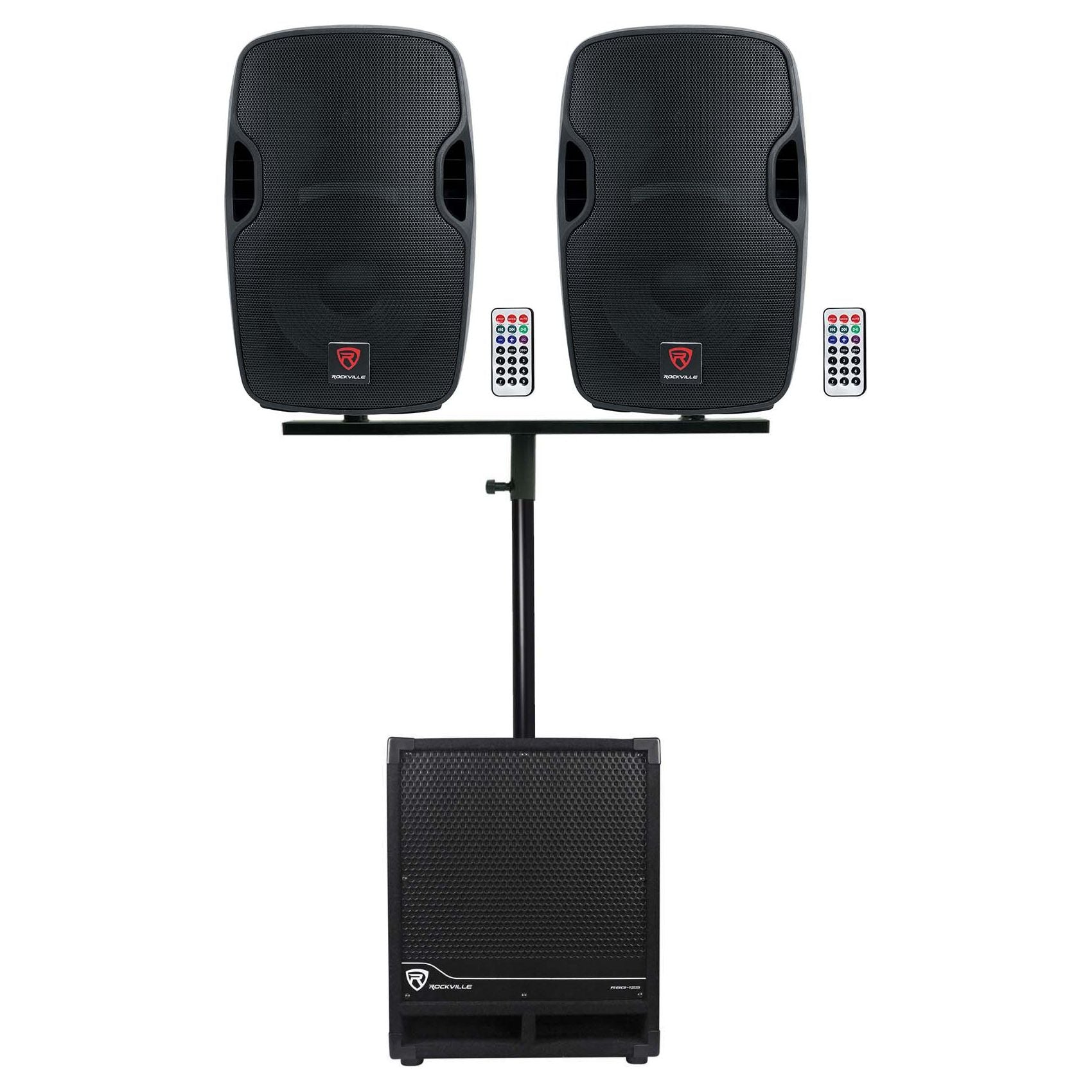 Rockville DJ Package w/ (2) 12" Active Speakers+Dual Mount+12" Powered Subwoofer