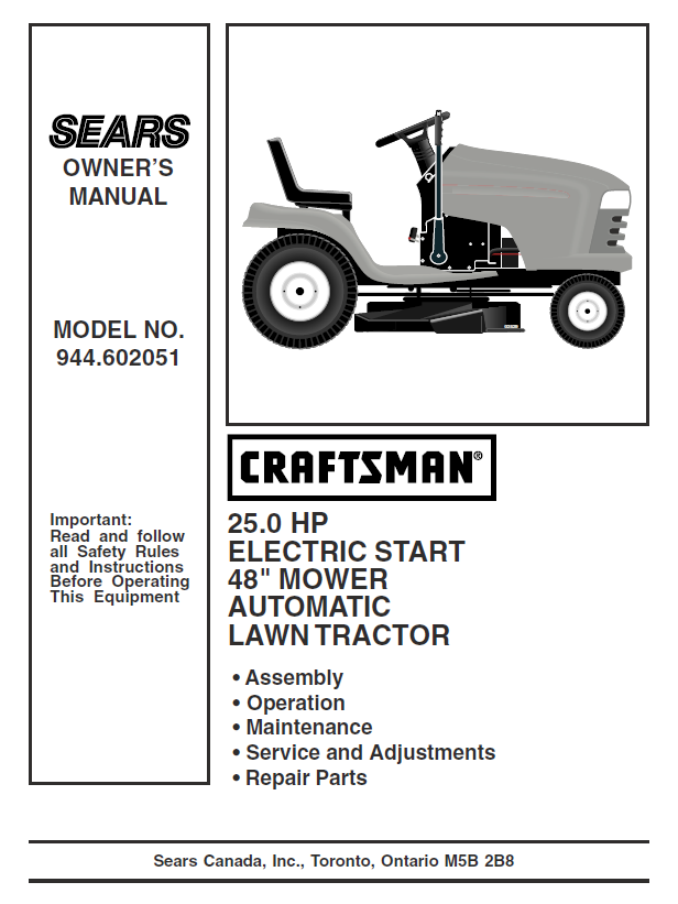 FREE CRAFTSMAN MANUAL 944.602051 Manual for Craftsman 25.0 HP 48" Lawn Tractor