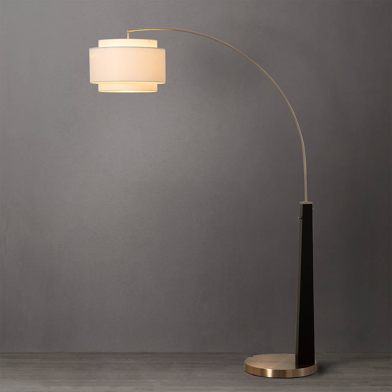 2190 Nova of California Coronado 85" 3 Light Arc Lamp in Driftwood and Weathered Brass with Dimmer Switch