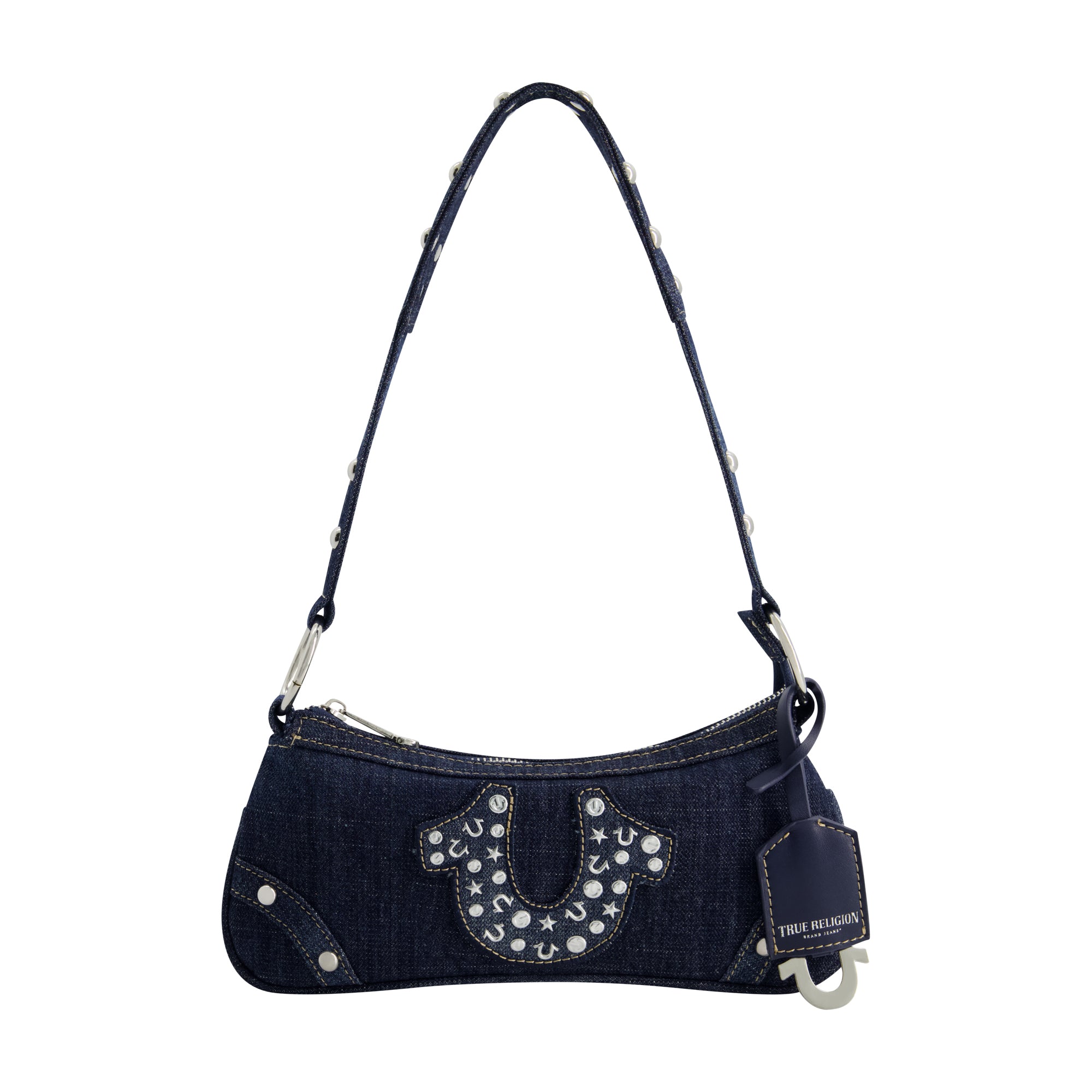 2324 STUDDED HORSESHOE DE True Religion Horseshoe Denim shoulder bag