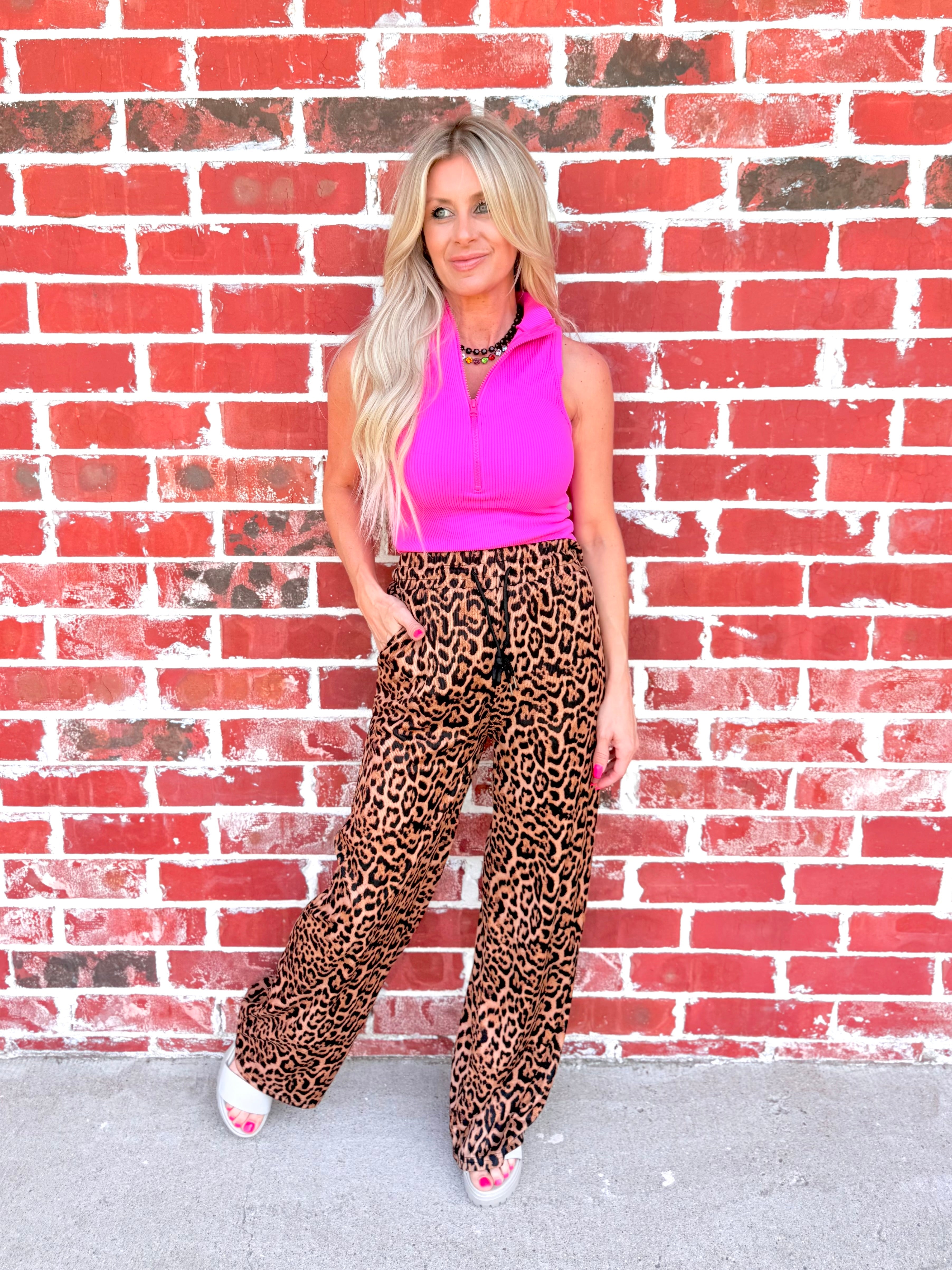 LOVE POEM Ribbed and Tied Jungle Printed Wide Leg Pants