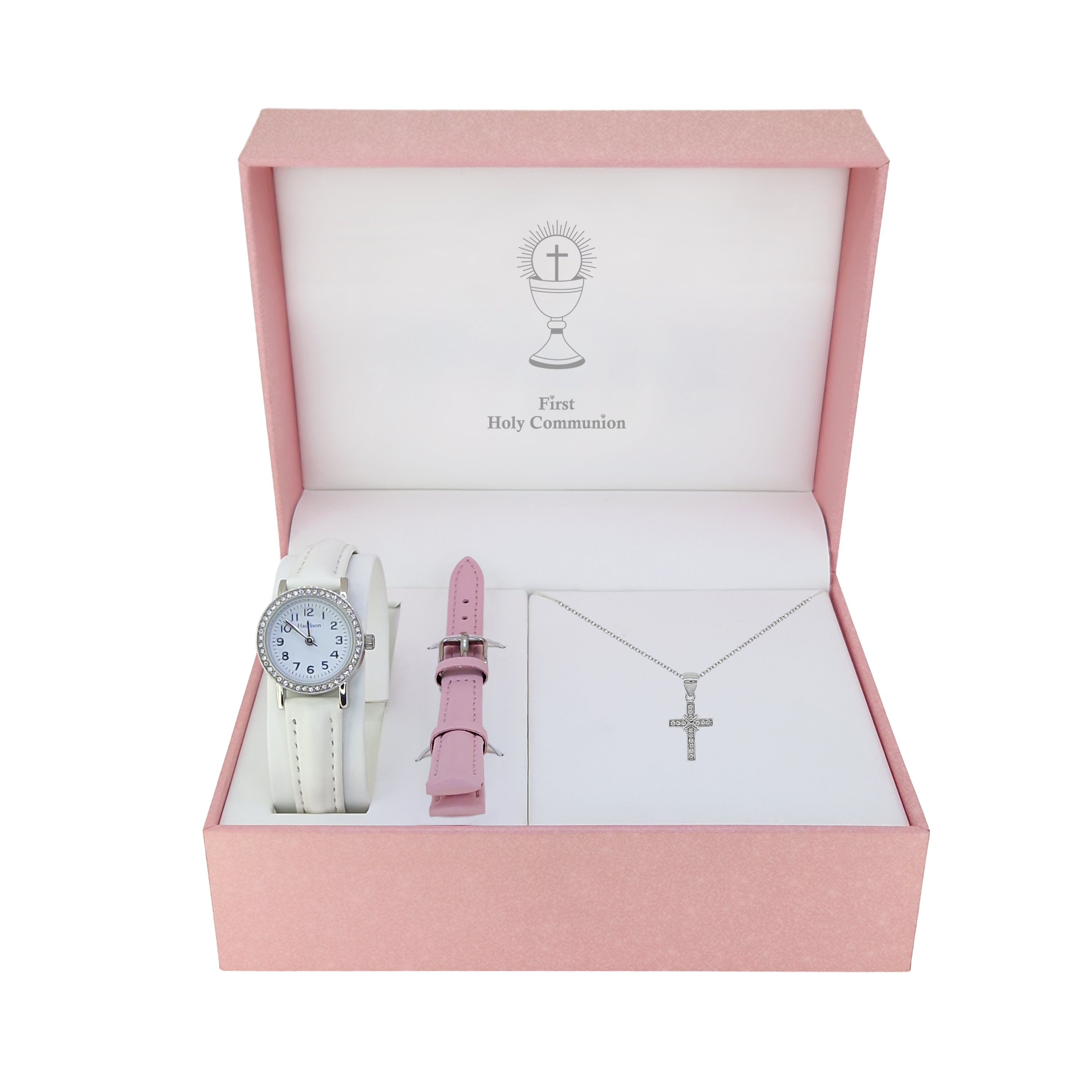 JFH Communion Sterling Silver Sparkling Cross & Watch Gift Set & Pink Strap