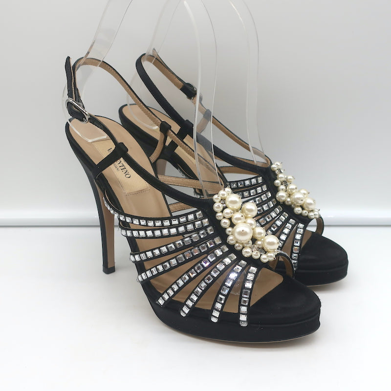 NANCY ELLIN Valentino Crystal & Faux Pearl Embellished Cage Sandals Black Satin Size 36