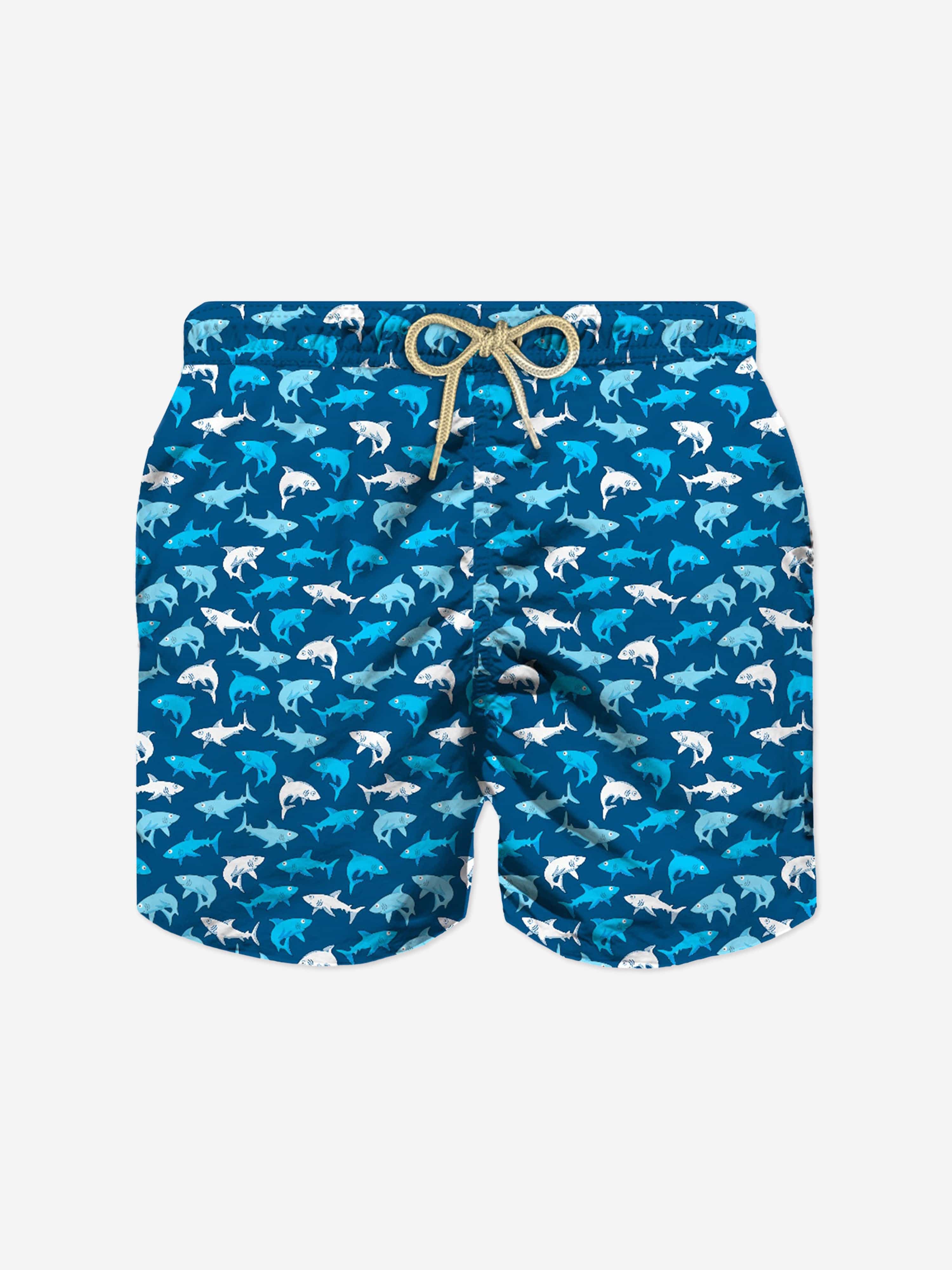 MC2 SAINT BARTH Boys Shark Trouble Swim Shorts in Blue