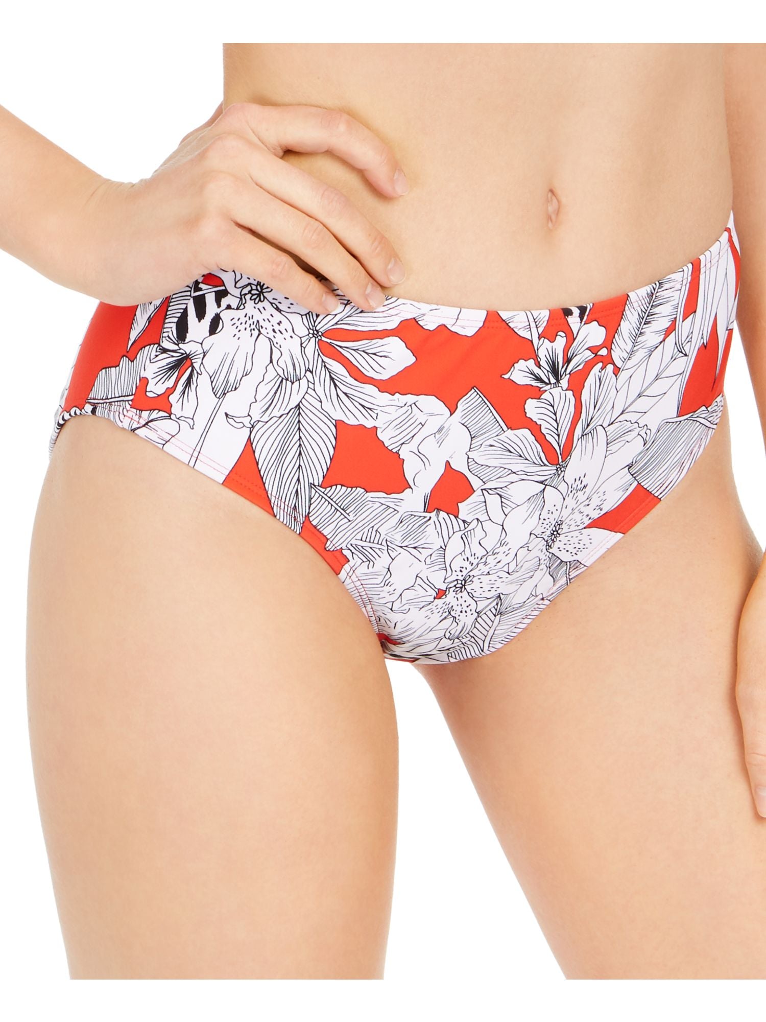RACHEL RACHEL ROY Women's Red Tropical Print Full Coverage Lined Stretch Island Getaway High Waisted Swimsuit Bottom