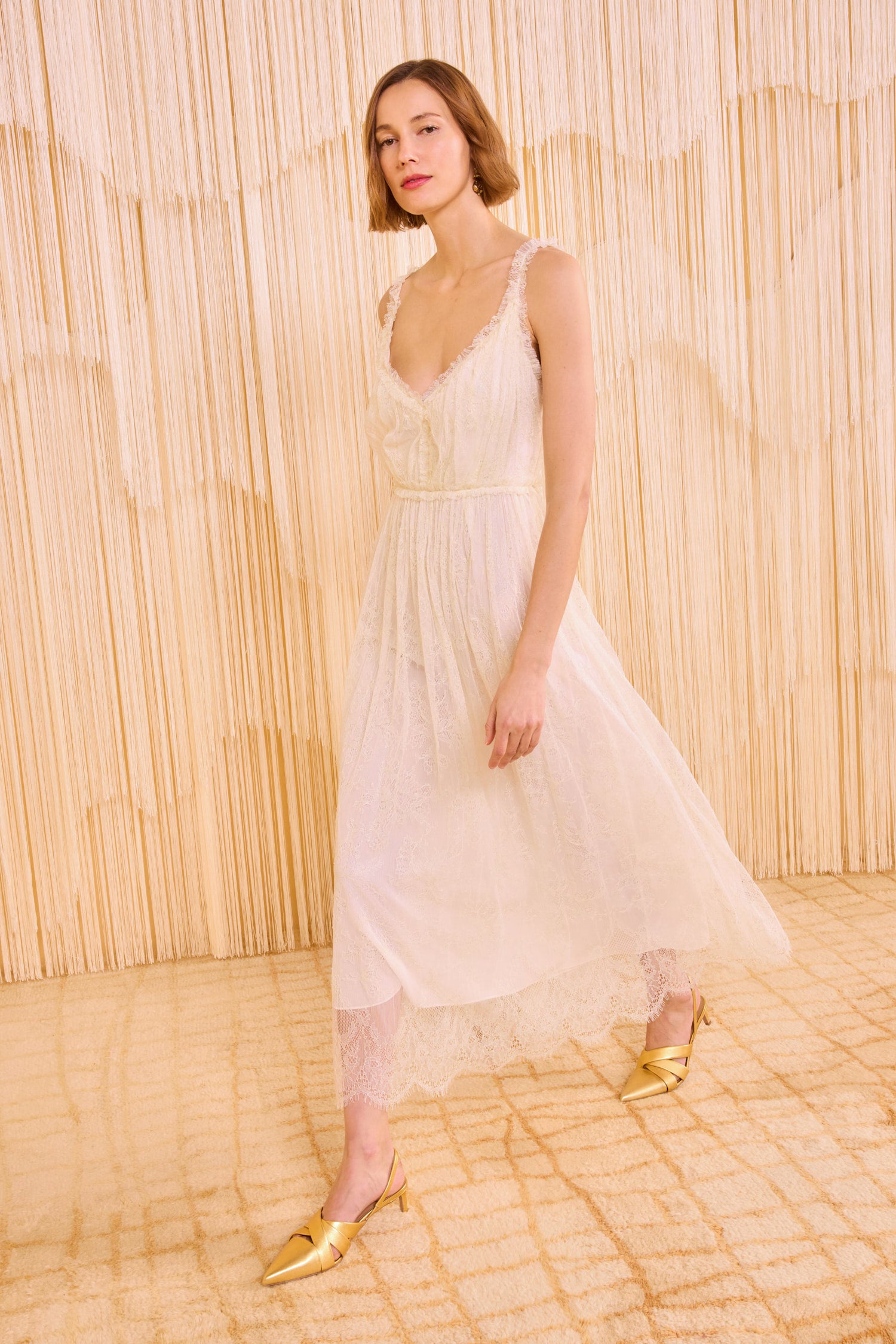 ULLA JOHNSON Alyse V–Neck Midi Dress   Pearl