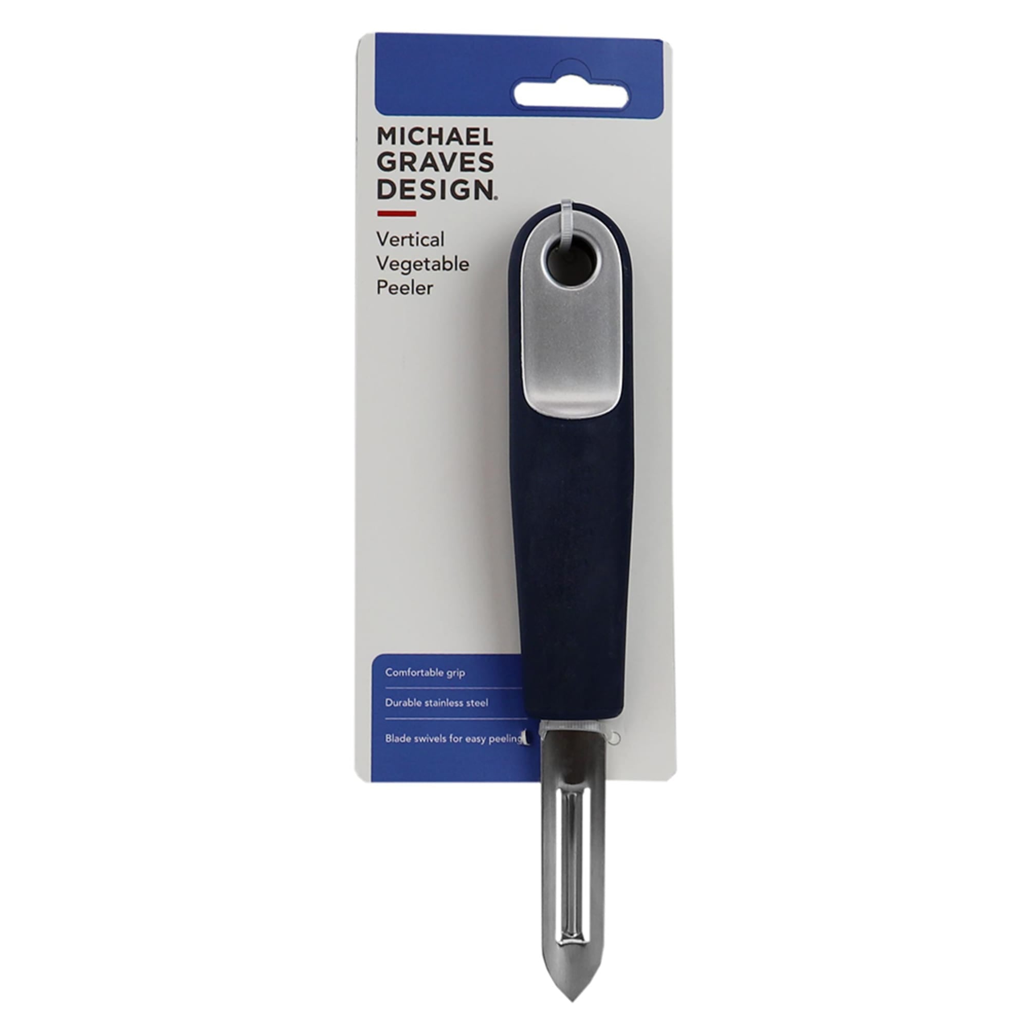 2186 Michael Graves Design Comfortable Grip Swiveling Stainless Steel Vertical Vegetable Peeler  Indigo