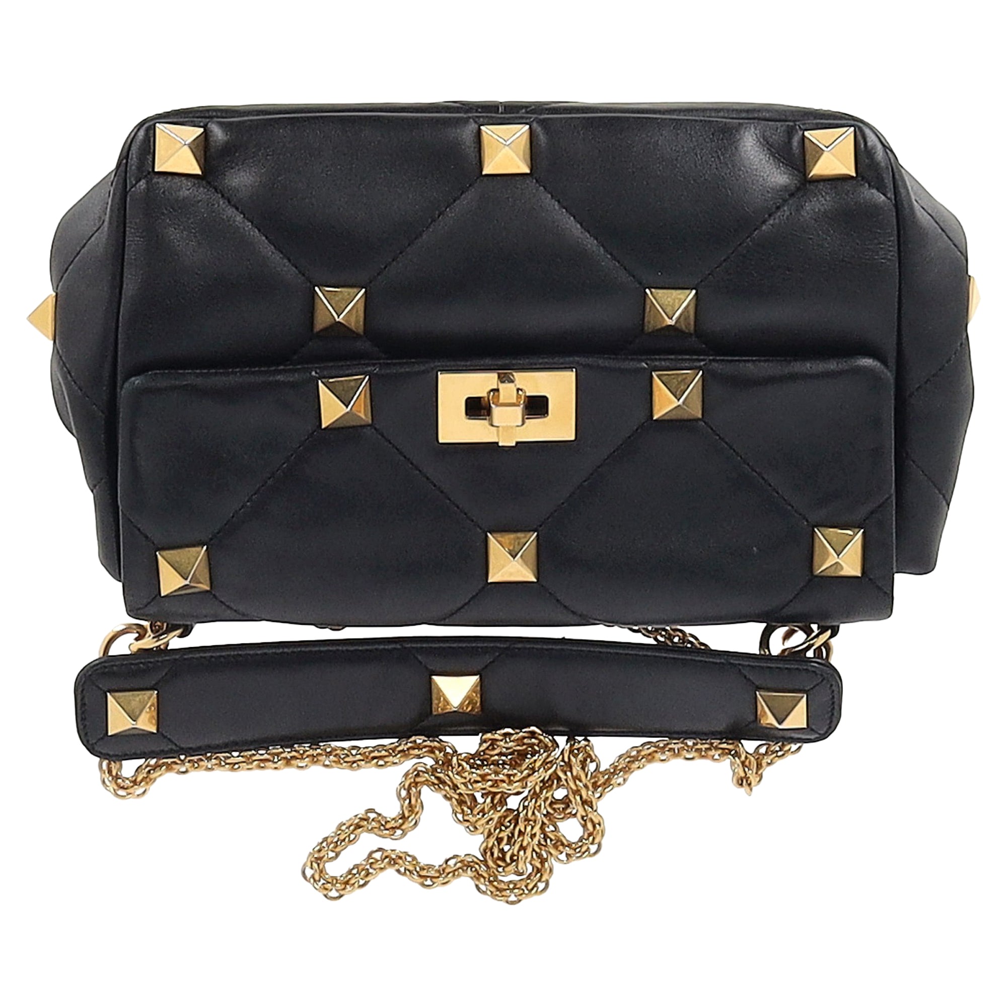 2604 Valentino Roman Stud Large Shoulder Bag in Black Leather