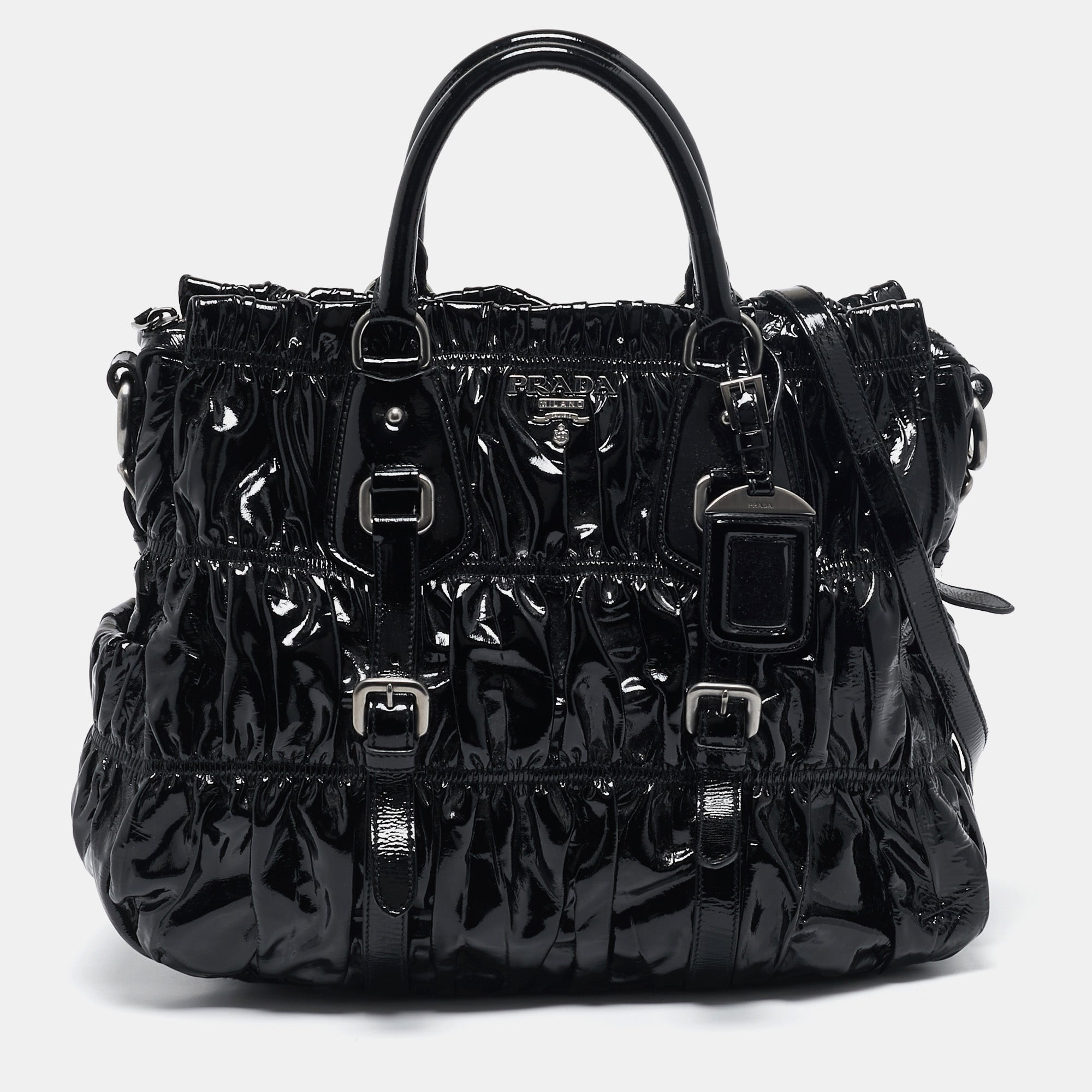 2613 Prada Black Patent Leather Gaufre Tote