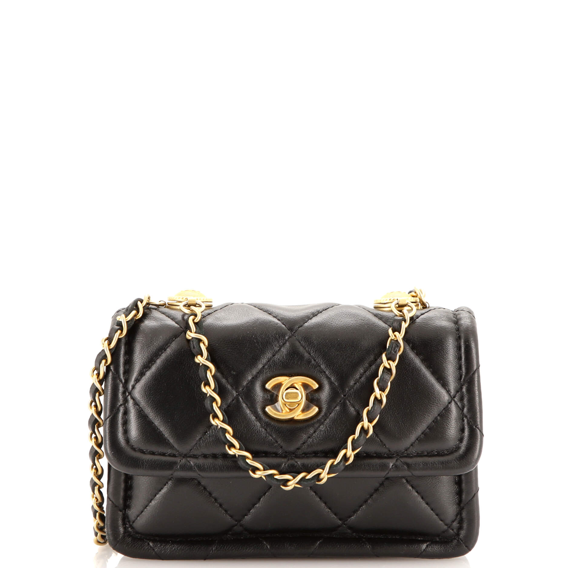 2860 Button on Top Flap Clutch with Chain Quilted Shiny Lambskin Mini