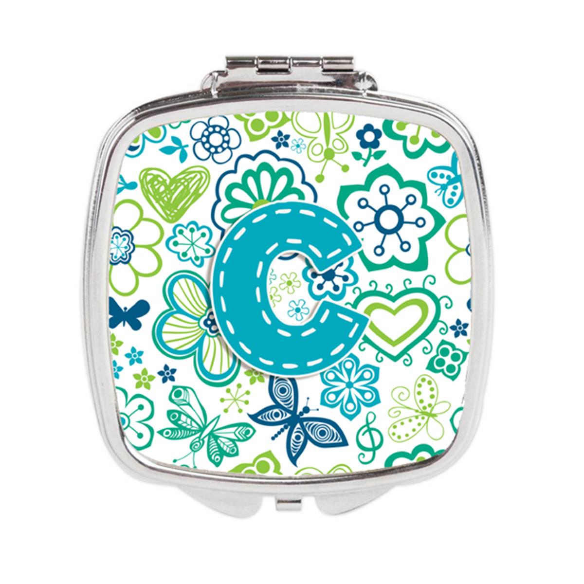 2297 Carolines Treasures CJ2006 CSCM Letter C Flowers & Butterflies Teal Blue Compact Mirror