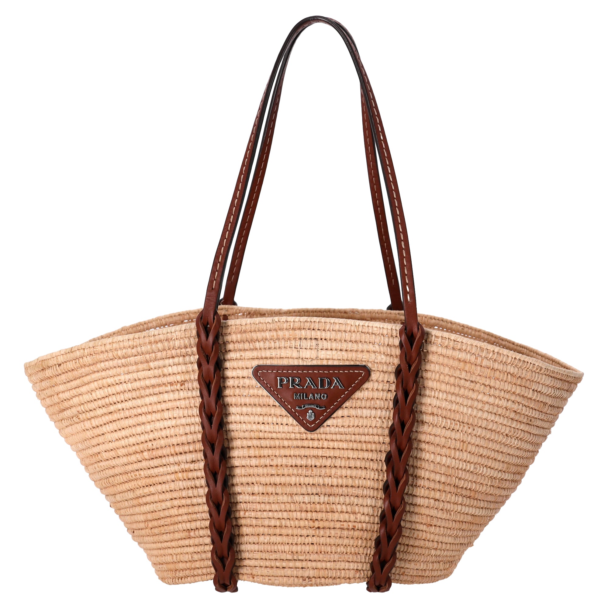 2604 Prada Triangle Logo Tote Bag in Beige Raffia