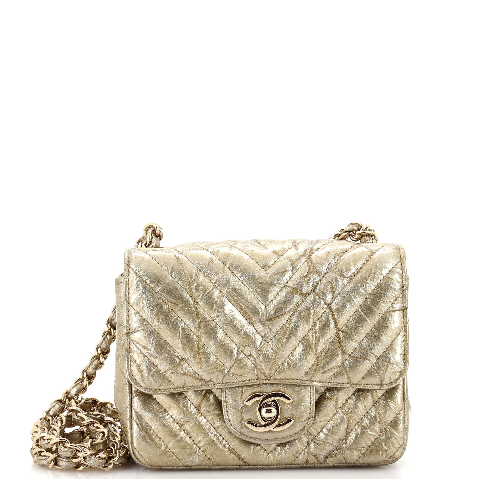 2860 Square Classic Single Flap Bag Chevron Crumpled Metallic Patent Mini