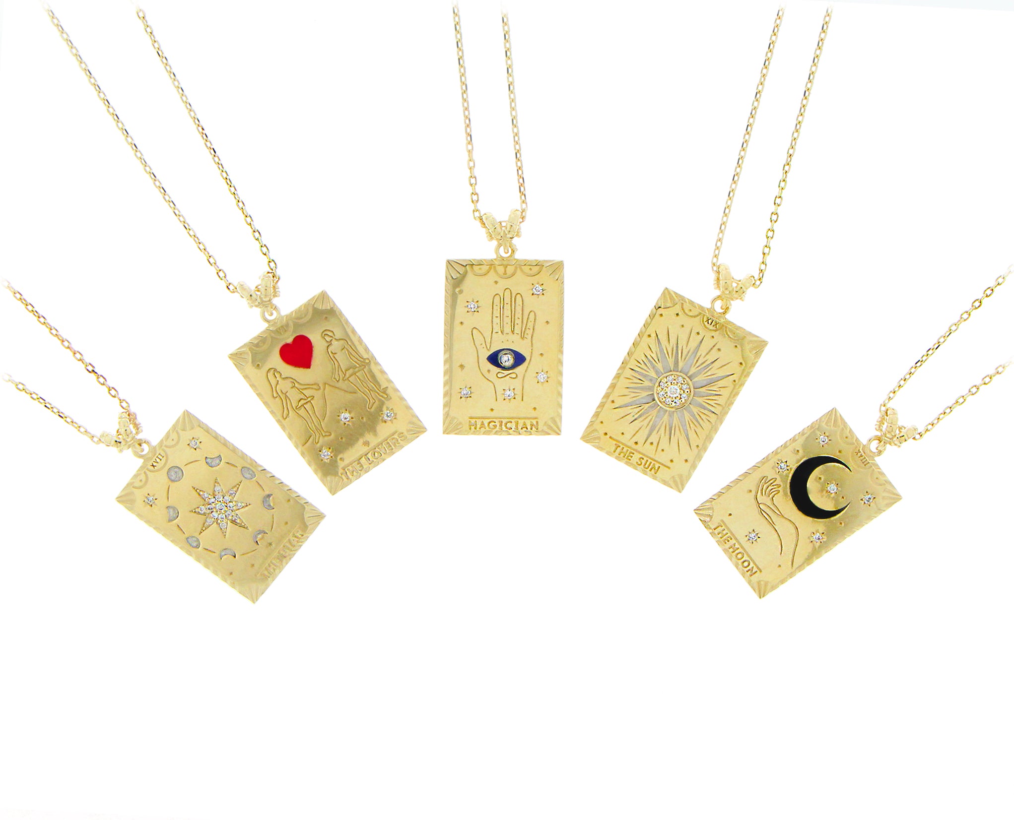 BODES & BODE 9K with enamel and diamond tarot card charm necklaces