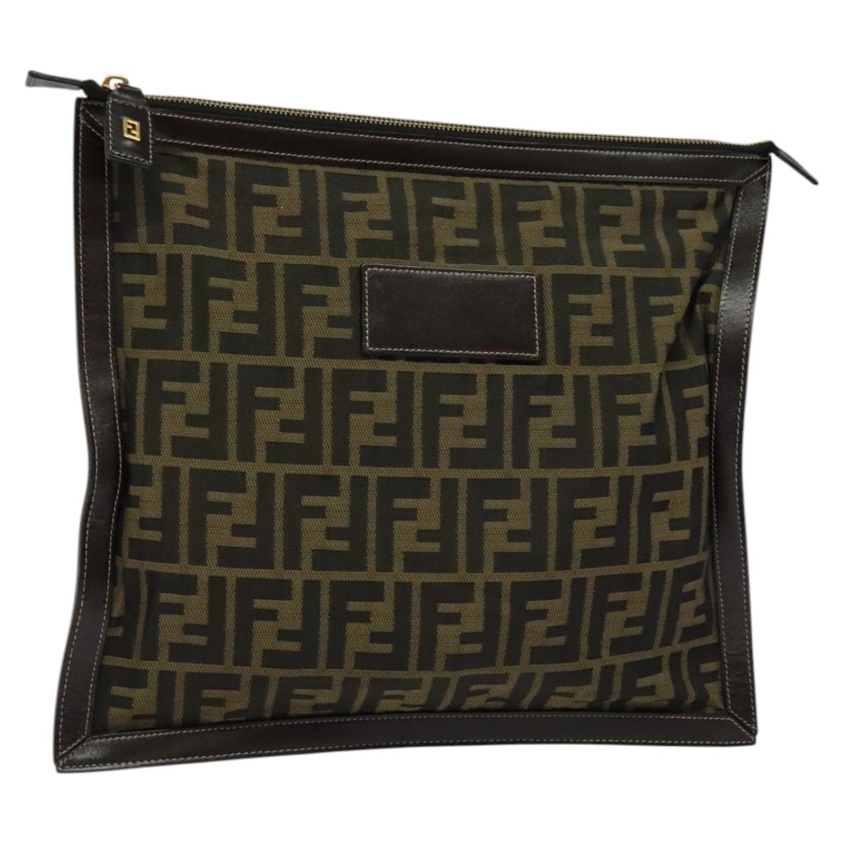 FENDI Zucca Canvas Clutch Bag Brown Black gold Auth fm4321